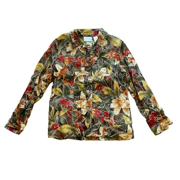 1990s VTG Alfred Dunner Sheer Earth Tone Tropical Floral Button Up Top Size 6P - Picture 1 of 5